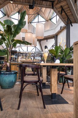 İçinde tropikal bitkiler, ahşap masalar, sandalyeler ve cam vazoda buğday kulakları olan modern kafe ya da kafenin detayları. Modern tasarım kavramı.