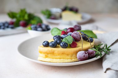 Vanilyalı, kabuksuz peynirli kek ya da naneli ve dutlu süzme peynirli güveç. Ricotta güveci. Sağlıklı kahvaltı ya da tatlı. Seçici odak.