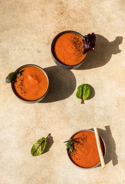 Biber, yeşillik ve Grissini ya da ekmek çubuklarıyla taze domates çorbası. Doğrudan güneş ışığı ve sert gölgeler. Seçici odaklanma. Üst görünüm.