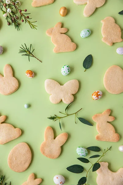 Easter Cookies Candies Shaped Eggs Eucalyptus Flowers Quail Eggs Green — Stock Photo, Image