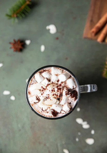 Warme chocolade met marshmallow en cacao- of chocoladebom op groene betonnen ondergrond. Wintercompositie met sparren takken en specerijen. Bovenaanzicht. — Stockfoto