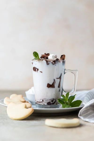 Vakantie Warme Chocolademelk Cacao Met Marshmallow Kaneel Geserveerd Met Zelfgemaakte — Stockfoto