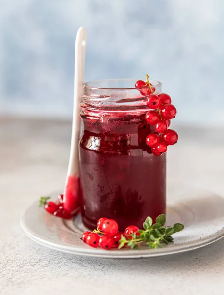 Tarro Vidrio Con Gelatina Grosella Roja Mermelada Bayas Grosella Roja — Foto de Stock