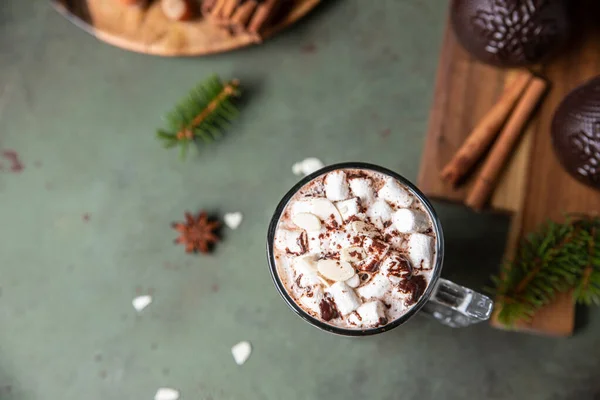 Glazen Beker Met Warme Chocolademelk Cacao Drank Kaneelstokjes Met Anijs — Stockfoto