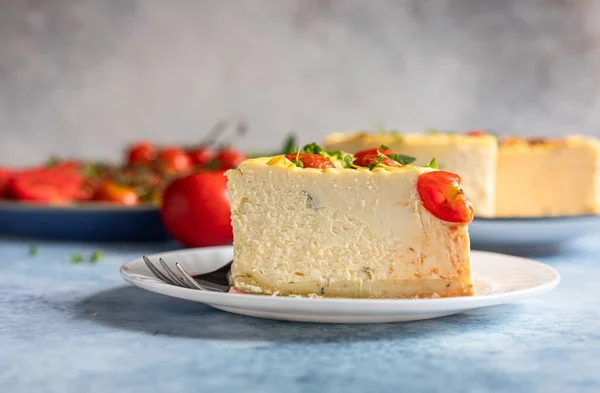 Piece Savoury Tomato Cheesecake Herbs Decorated Mint Blue Concrete Background — Stock Photo, Image