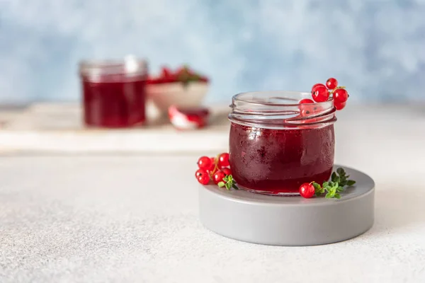 Homemade Red Currant Jam Jelly Glass Jars Red Currants Fresh — Stock Photo, Image