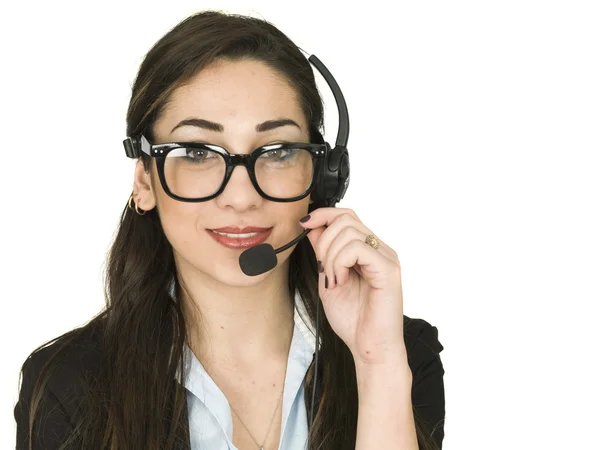 Aantrekkelijke jonge zakelijke vrouw praten over headset telefoon verkoop en Marketing Business — Stockfoto