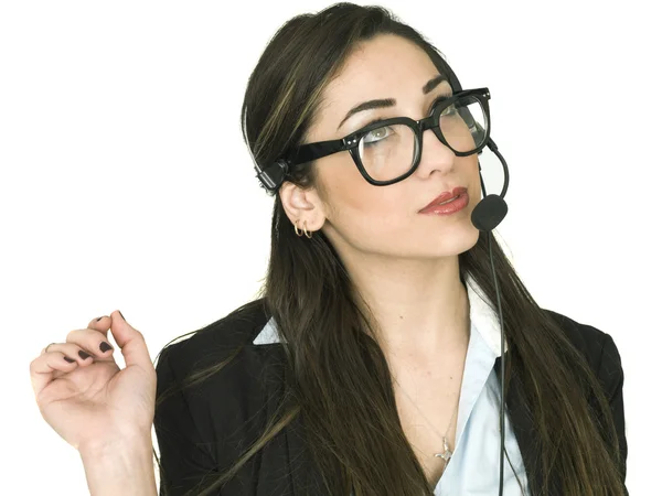 Attractive Young Business Woman Talking on Headset Telephone Sales and Marketing Business — Stock Photo, Image