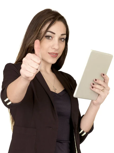有吸引力的年轻专业商业女人抱着一台平板电脑 — 图库照片