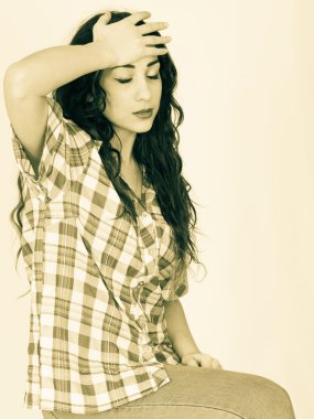 Depresif Genç Kadın Bir Baş Ağrısı Duygu Stresli veya Sağlıksız