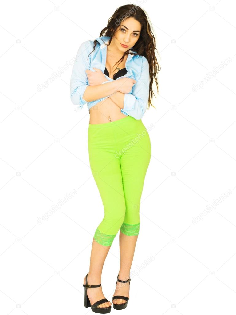 Attractive Young Pin Up Model Wearing Blue Jeans and a Crop Top