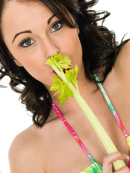 Attractive Healthy Young Woman Holding a Stick of Salad Celery — Stock Photo, Image