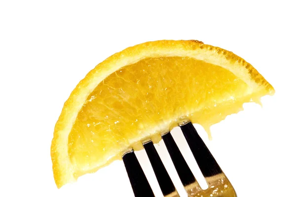 Lemon Segment on a Fork Against a White Background Wirth Copy Sp — Stock Photo, Image