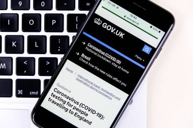 London UK, January 15 2021, Mobile Phone Or Smartphone Screenshot Of Government Information For Covid-19 Testing fpr People Entering England