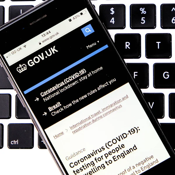 London UK, January 15 2021, Mobile Phone Or Smartphone Screenshot Of Government Information For Covid-19 Testing fpr People Entering England
