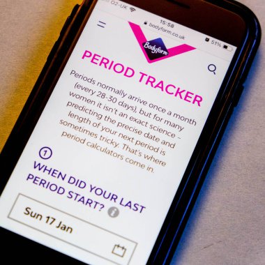 Londra İngiltere, 17 Ocak 2021, Kadın Vücut Biçimli Kadın Periyodu 'nun Mobil veya Akıllı Telefon Görüntüsü