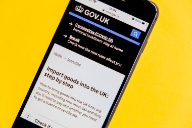 Londra İngiltere, 18 Ocak 2021, İngiltere Hükümeti Cep Telefonu Web Sitesi New Brexit 'in İngiltere' ye İthal Gıda Kuralları Ekran Görüntüsü