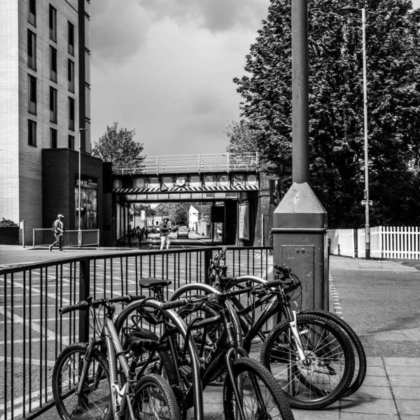 Epsom Surrey London May 2021 Group Bicycles Parked Pavement People — 스톡 사진