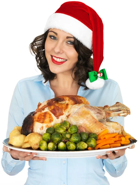 Young Woman in Santa Hat Holding Roast Turkey and Vegetables — Stock Photo, Image