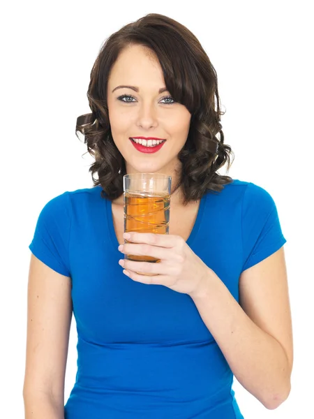 Attractive Young Woman Drinking Apple Juice — Stock Photo, Image