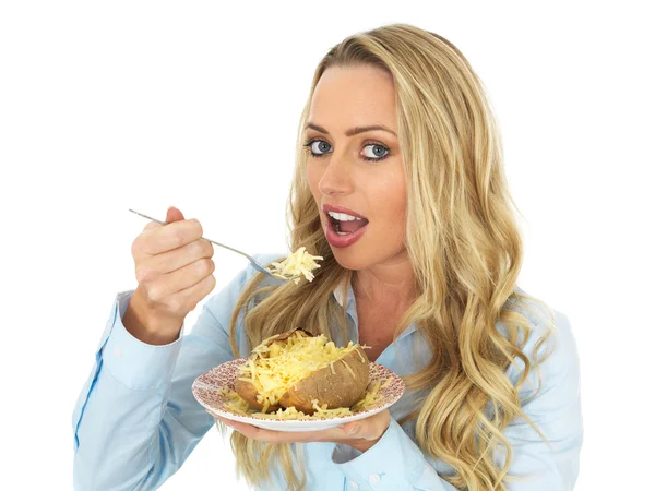 Young Woman Eating a Baked Potato with Cheese — Stock Photo, Image