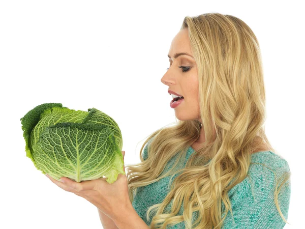 Young Woman Holding a Raw Uncooked Cabbage — Stock Photo, Image