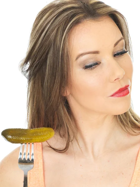 Young Woman Holding a Gherkin — Stock Photo, Image