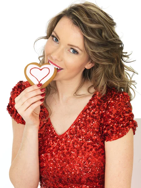 Young Woman Holding Valentines Ginger Biscuits — Stock Photo, Image