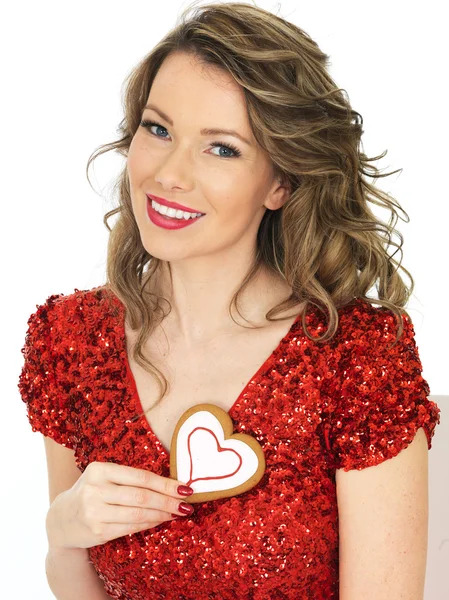 Young Woman Holding Valentines Ginger Biscuits — Stock Photo, Image