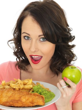 Young Woman Eating Fish and Chips with Mushy Peas clipart
