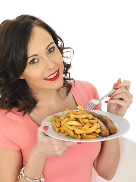 Young Woman Eating Jumbo Sausage and Chips — Stock Photo, Image