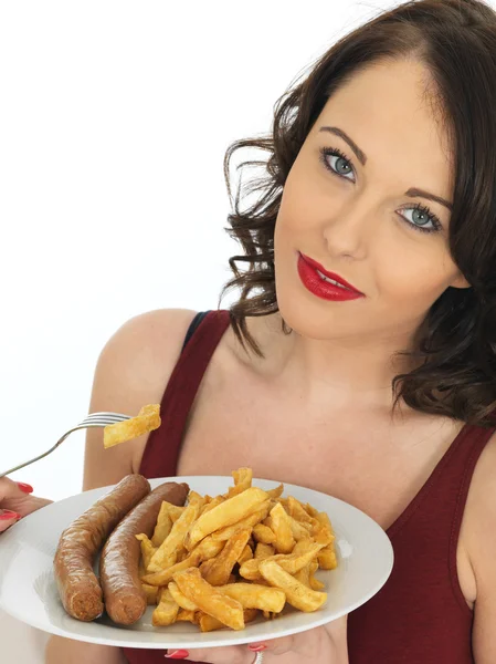 Young Woman Eating Jumbo Sausage and Chips — Stock Photo, Image