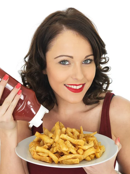 Young Woman Eating a Large Plate of Fried Chips — Stock Photo, Image