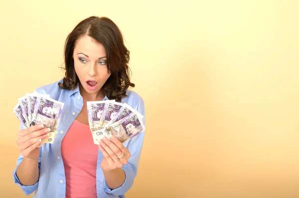 Young Happy Woman Holding Money Looking Pleased and Delighted — Stock Photo, Image