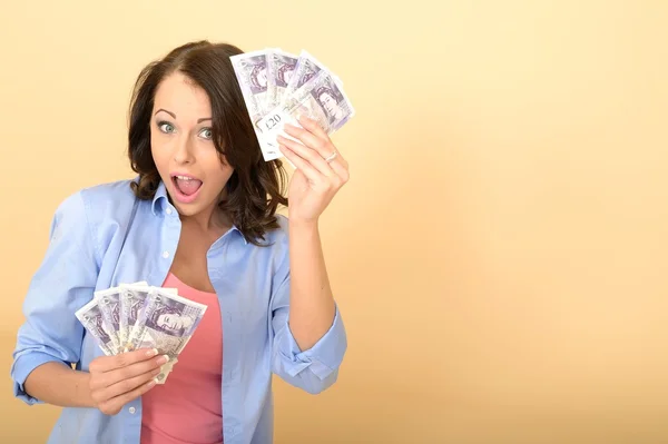 Young Happy Woman Holding Money Looking Pleased and Delighted — Stock Photo, Image