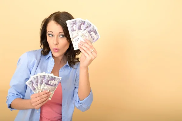 Young Happy Woman Holding Money Looking Pleased and Delighted — Stock Photo, Image