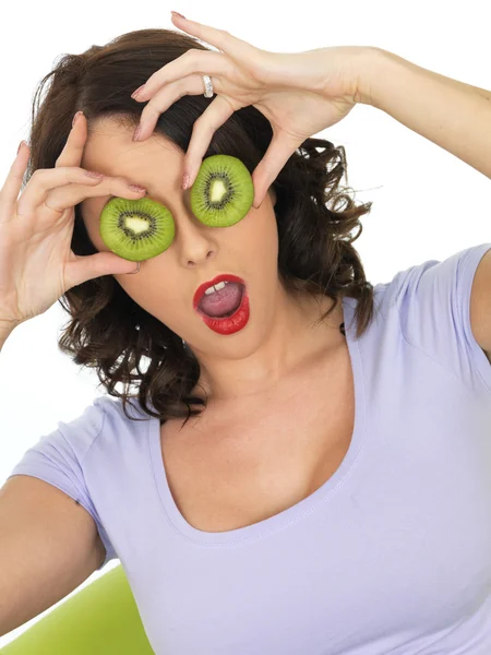 Young Woman Holding Fresh Ripe Kiwi Fruit — Stock Photo, Image