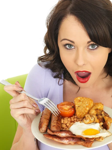 Young Brunette Caucasian Woman, Eating A Traditional Cooked Full English Breakfast — Stock Photo, Image