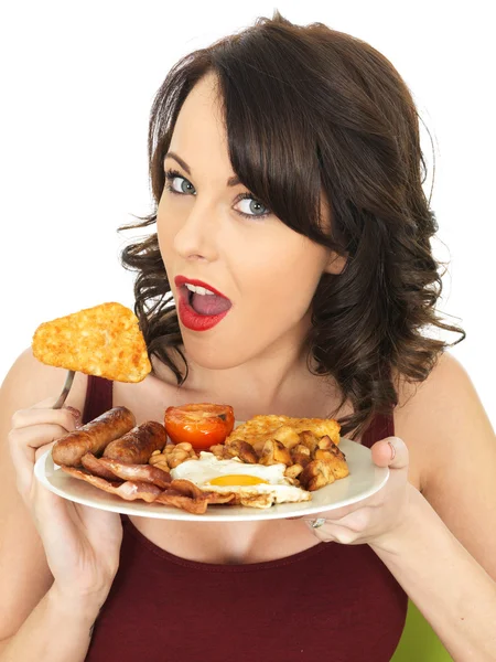 Young Brunette Caucasian Woman, Eating A Traditional Cooked Full English Breakfast — Stock Photo, Image