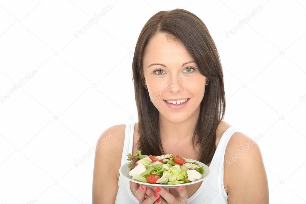 Young Healthy Happy Woman Dieting, Holding A Plate Of Healthy Summer Chicken Salad