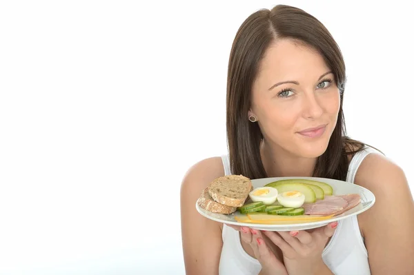 Healthy Happy Young Woman Holding a Plate of Norwegian or Scandi — Stock Photo, Image