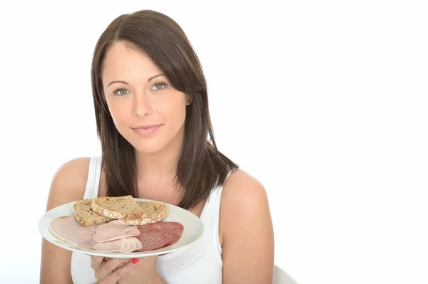 Healthy Young Woman Holding A Plate Of Scandinavian Style Cold Meat Breakfast Buffet — 스톡 사진