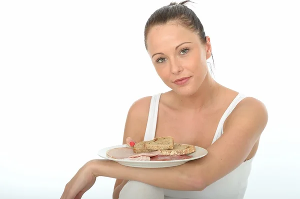 Happy Confident Young Woman Holding A Plate Of Healthy Fresh Scandinavian Style Cold Breakfast Meats — Stock Photo, Image