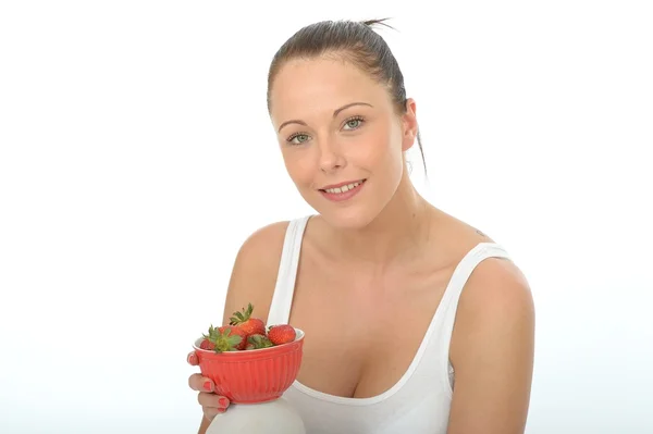 Healthy Fit Young Woman Holding a Bowl of Fresh Ripe Juicy Strawberries — Stock Photo, Image