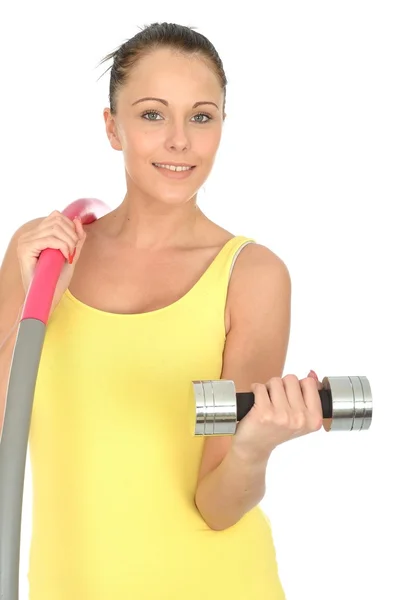 Healthy Young Woman Holding a Dumb Bell and Hula Hoop — Stock Photo, Image