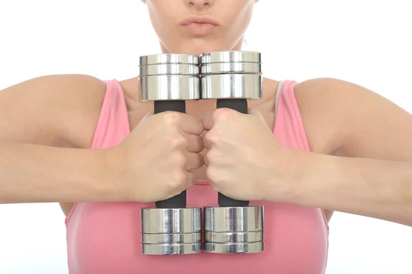Healthy Young Woman Holding Two Dumbbell Weights Together — Stock Photo, Image