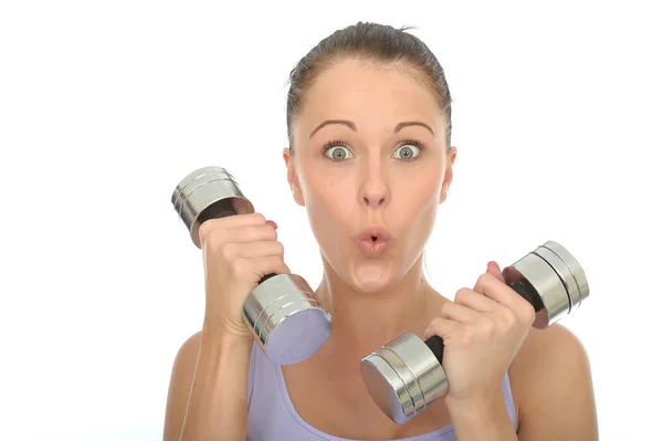 Healthy Young Determined Woman Training With Dumbbell Weights Looking Shocked or Surprised — Stock Photo, Image