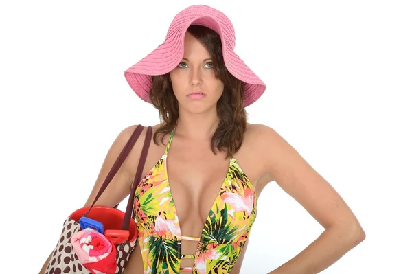 Young Woman Wearing a Swim Suit and a Pink Straw Hat on Holiday — Stock Photo, Image