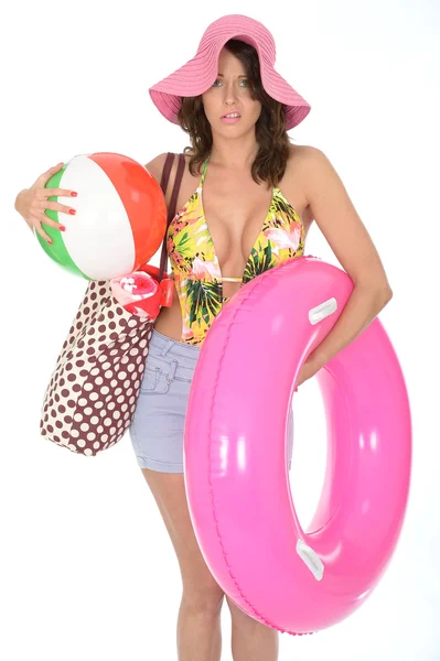 Young Woman Wearing a Swim Suit on Holiday Carrying a Beach Ball — Stock Photo, Image