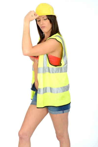 Sexy Young Pin Up Woman Posing Topless in Builders Clothes — Stock Photo, Image